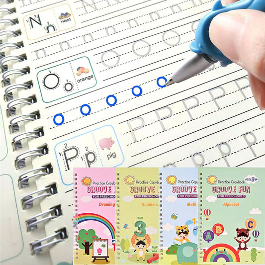 4 Pc Magic Grooved Practice Copybook,Reusable Letter Tracing Books,Handwriting Practice Book and Preschool Learning Activities, Writing Practice for Kids Ages 3-8 Calligraphy (4pc+Pens)（7.4in x 5.1in)