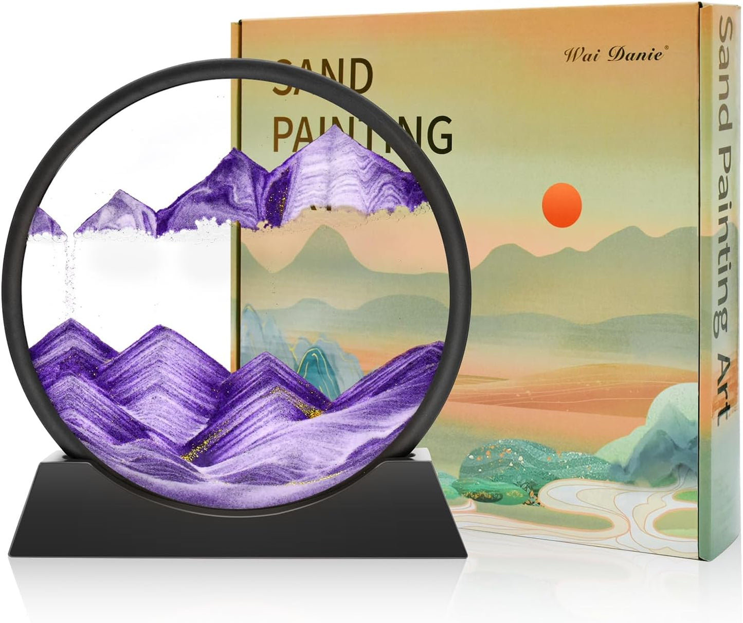 Wai Danie Moving Sand Art Picture 3D Hourglass Deep Sea Sandscape Liquid Motion Display Painting Flowing Sand Frame Relaxing Desktop Home Office Work Decor (Black, 12 Inches)