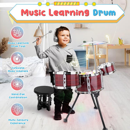 Upgraded Toddler Drum Set with Lights Kids Jazz Drum Kit, Musical Instrument Toys for Toddler 3-5 Boys Girls Christmas Birthday Gift