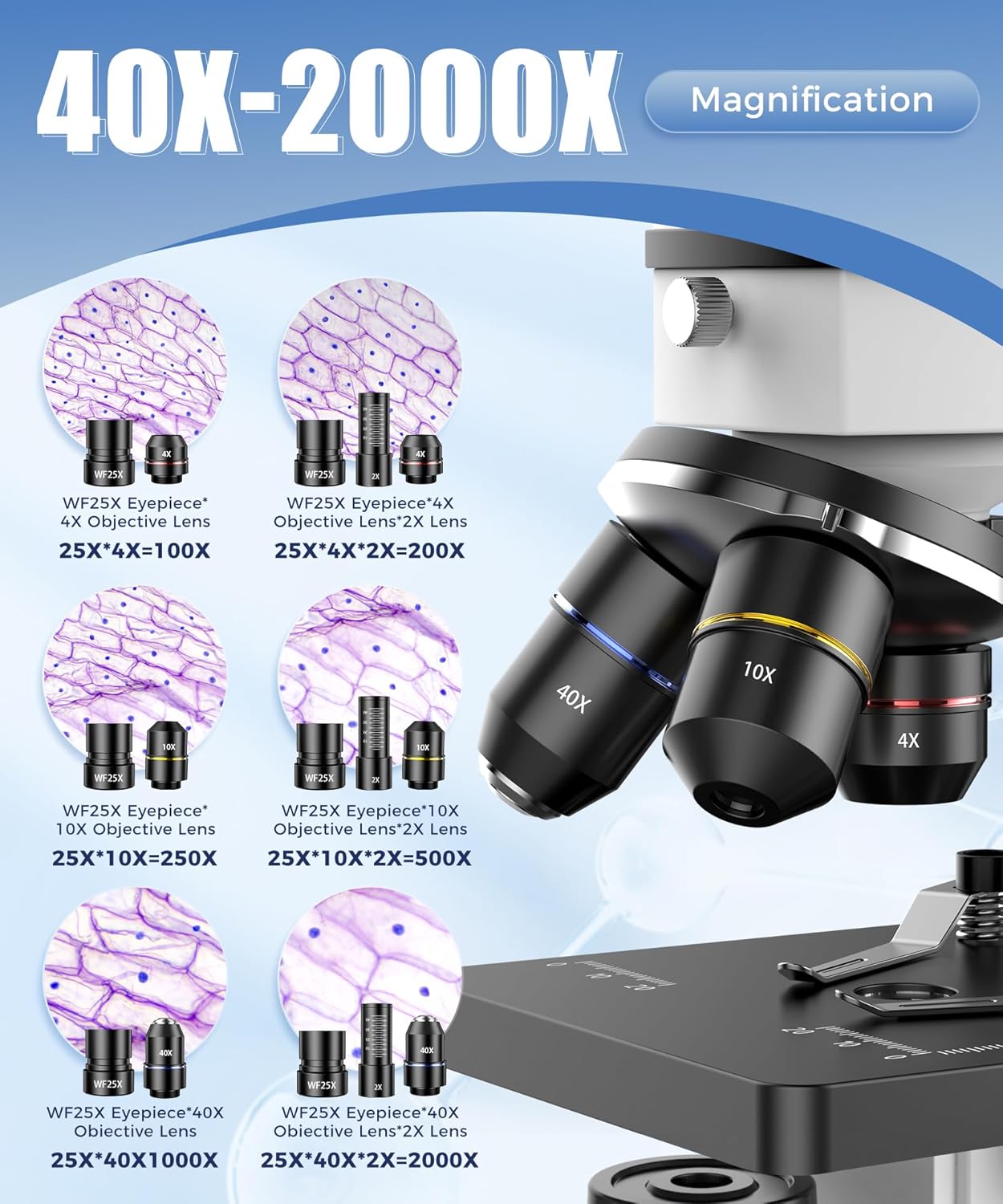 PalliPartners Compound Microscope for Adults & Students - 100X-2000X High-Power Biological Microscope for Students, School Lab & Home Education, with Slides Set & Phone Adapter (White)