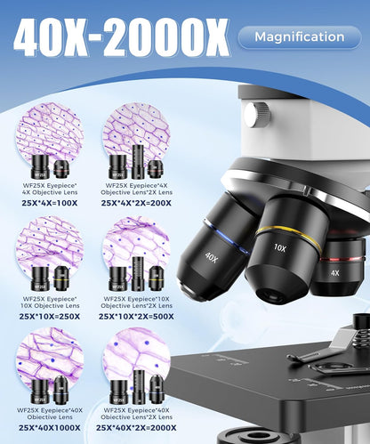 PalliPartners Compound Microscope for Adults & Students - 100X-2000X High-Power Biological Microscope for Students, School Lab & Home Education, with Slides Set & Phone Adapter (White)