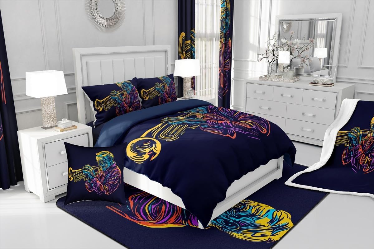 Drum Kit Comforter Cover Abstract Musical Instruments Bedding Set for Kids Boys Teens,Pop Music Duvet Cover Modern Rock Quilt Cover, Teal Laser Light Bedroom Decor Twin Size Blue Green Black