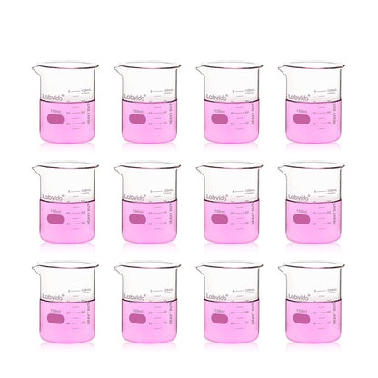 12pcs 50ml Upgrated Thick Glass Beakers, Shot Glass Beaker set, 3.3 Boro Griffin Low Form, Double Scale, LVA003