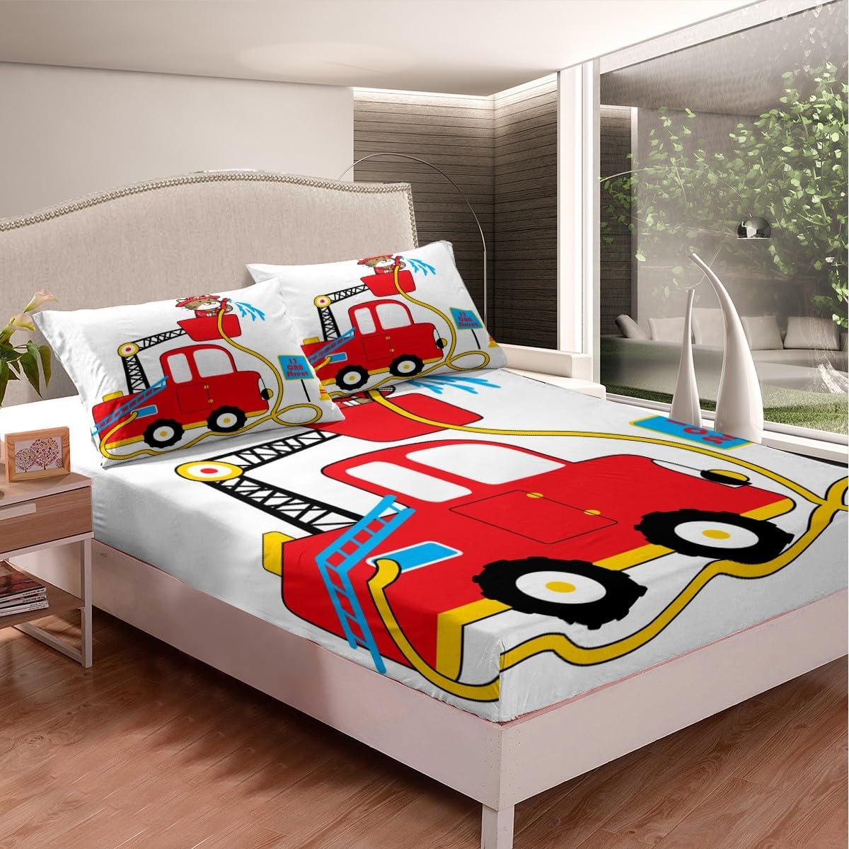 Manfei Musical Kids Fitted Sheet Full Size, MusicalGuitar Radio Drum Kit Headset Print Bedding Set 3pcs for Boys Girls, Rock Music Bed Cover with 2 Pillowcases, Soft Polyester Bedding, No Top Sheet