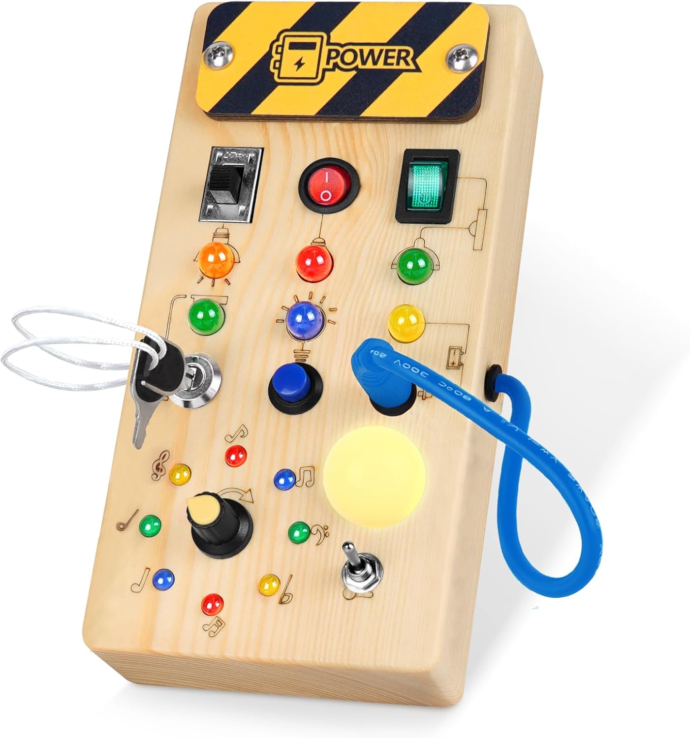 Konijiwa Busy Board Montessori Toys for 1 Year Old Kids Activity Board with 8 LED Light Switch Toy Sensory Learning Wooden Toy Suitable for 1 2 3 4 Year Old Boys and Girls