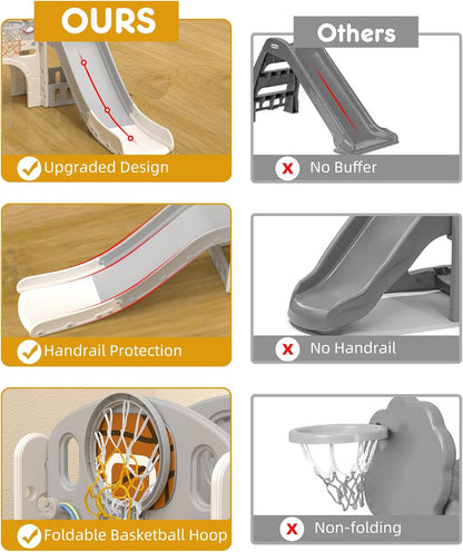 YUFU 9 in 1 Toddler Slide Set, Kids Slide for Toddlers Age 1-3, Toddler Playset with Climber and Basketball Hoop, Kids Indoor Outdoor Playground (Beige+Coffee)