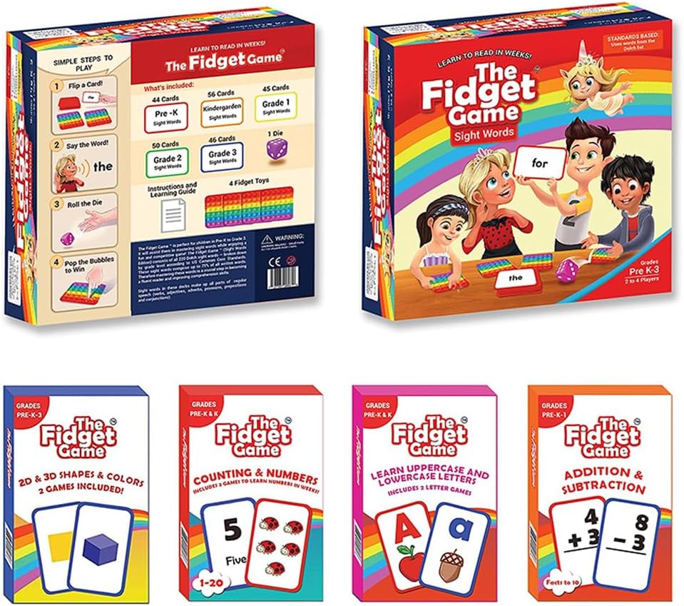 THE FIDGET GAME Sight Words Game - Reading Flashcards and Pop Fidget Toys for Kids K to Second Grade - Learning Activities and Games for High-Frequency Dolch Sight Words - Includes Mats and Dice