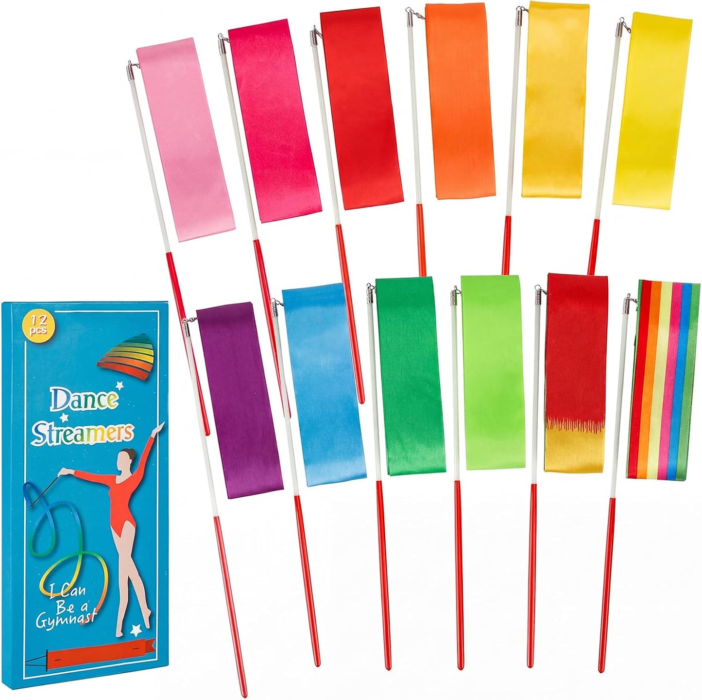 YGEOMER Ribbon Wands, 12pcs Rainbow Gymnastics Ribbons for Kids, Twirling Dance Sticks for Artistic Dancing, Talent Shows & Birthday Party Props
