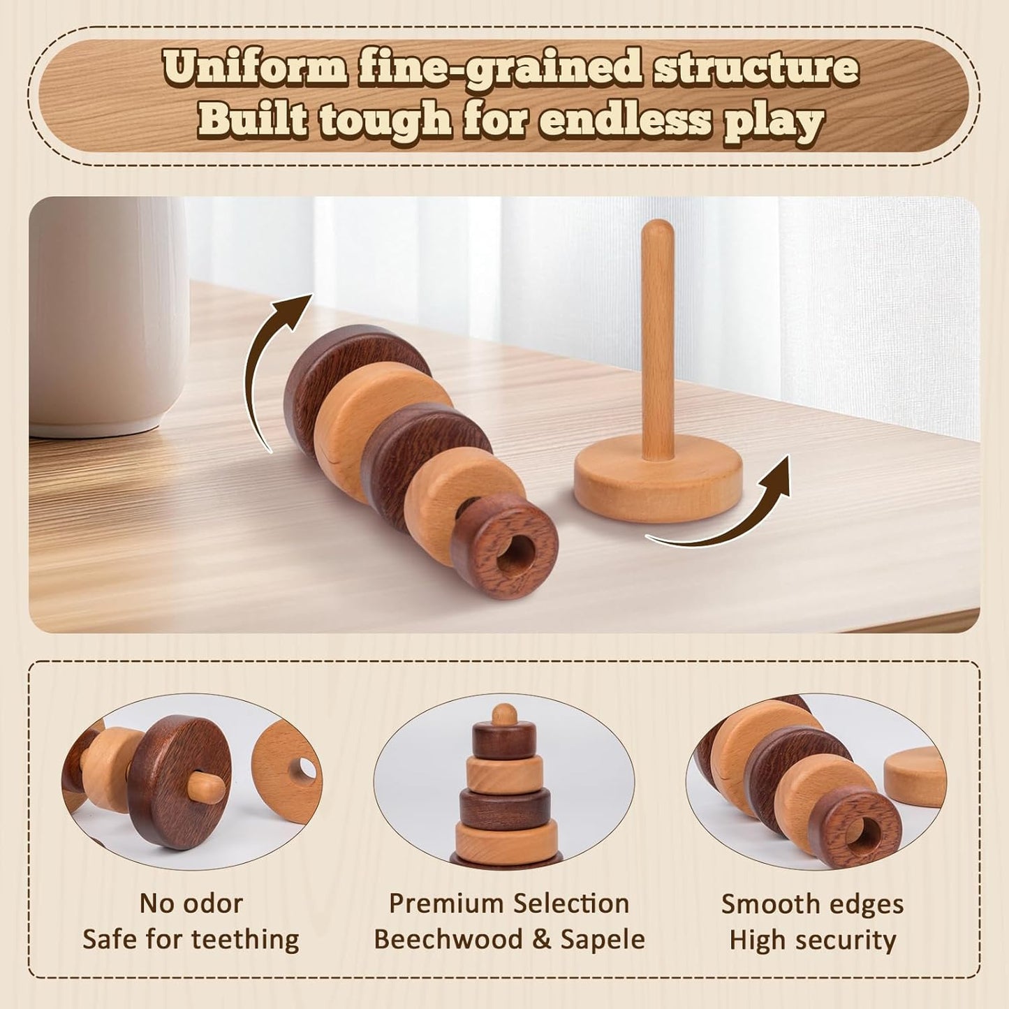 Adena Montessori Ring Wooden Stacking Toy,Montessori Geometric Stacker Wooden Educational Toy,Baby and Toddler Ages 12+ Months Shape Sorter and Stacking Toy, Stacking Tower Toy for Babies(Circle)