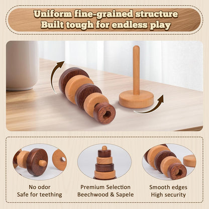 Adena Montessori Ring Wooden Stacking Toy,Montessori Geometric Stacker Wooden Educational Toy,Baby and Toddler Ages 12+ Months Shape Sorter and Stacking Toy, Stacking Tower Toy for Babies(Circle)