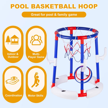 Taotuo Red Floating Pool Basketball Hoop, 2-in-1 Basketball & Ring Toss Game with 4 Balls, 6 Rings&Pump, Summer Pool Toys Outdoor Water Fun Family Party for Age 3-12