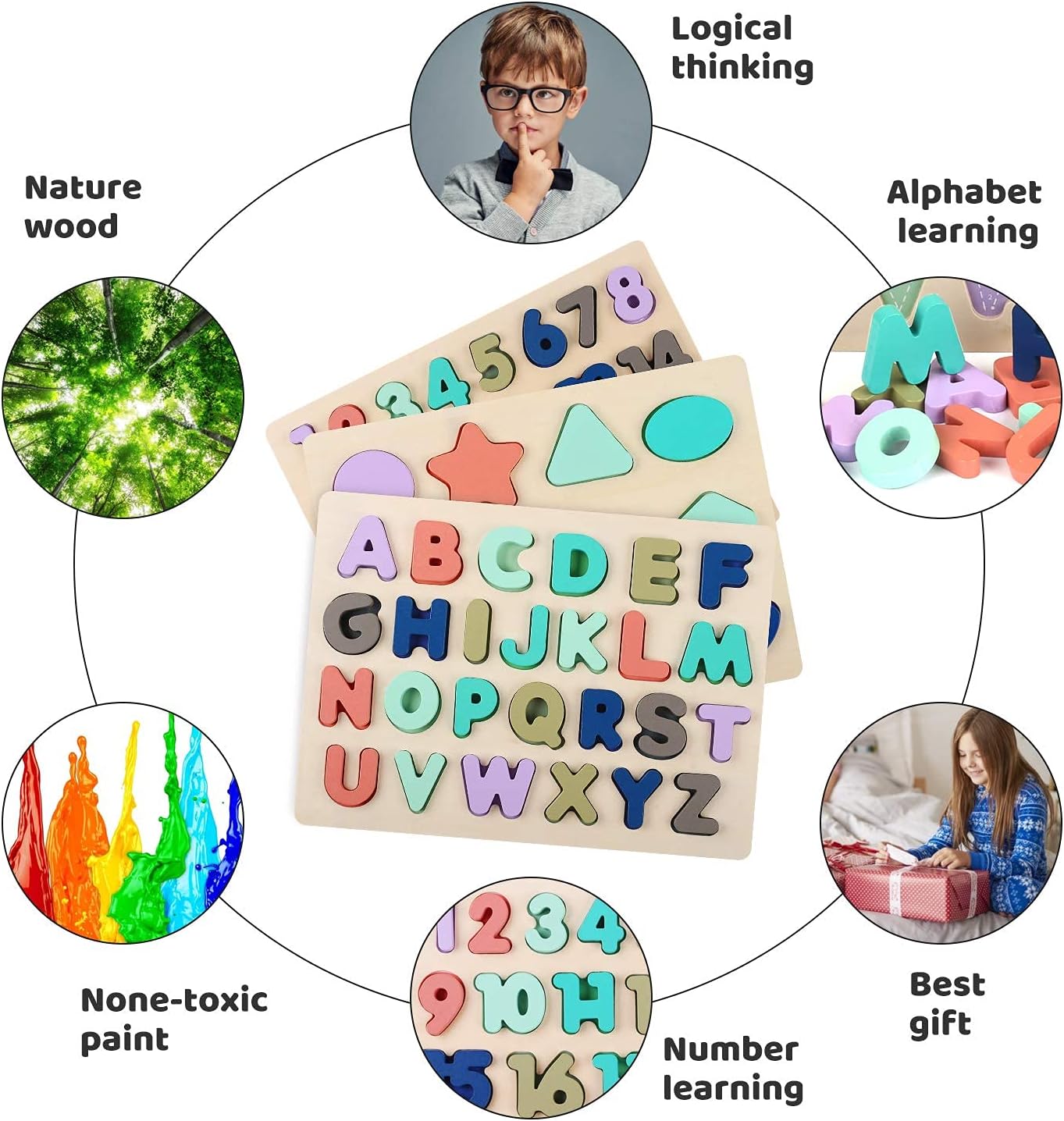 Wooden Puzzles for Toddlers, LENNYSTONE Wood Alphabet Number Shape Puzzles Kids Preschool Learning Toys for Boys Girls Ages 2 3 4 5 Year olds
