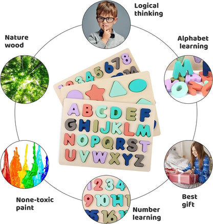 Wooden Puzzles for Toddlers, LENNYSTONE Wood Alphabet Number Shape Puzzles Kids Preschool Learning Toys for Boys Girls Ages 2 3 4 5 Year olds