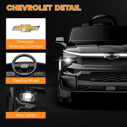 24V Licensed Chevrolet Silverado Electric Car for Kids, Ride on Toys for Toddlers with Remote Control, Soft Start, LED Lights, Music Player, Seat Belts, Easy to Assemble, Black