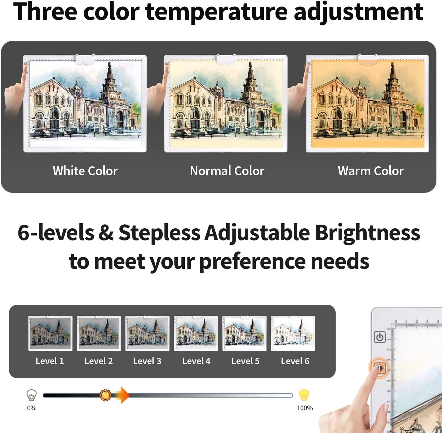 Rechargeable A3 Light Pad for Diamond Painting,Tracing Light Box with Stand and Clip,3 Colors Stepless Dimmable and 6 Levels of Brightness Light Board for Artists,Drawing,Sketching,Animation