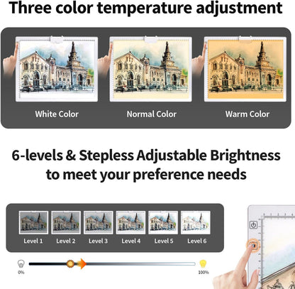 Rechargeable A3 Light Pad for Diamond Painting,Tracing Light Box with Stand and Clip,3 Colors Stepless Dimmable and 6 Levels of Brightness Light Board for Artists,Drawing,Sketching,Animation