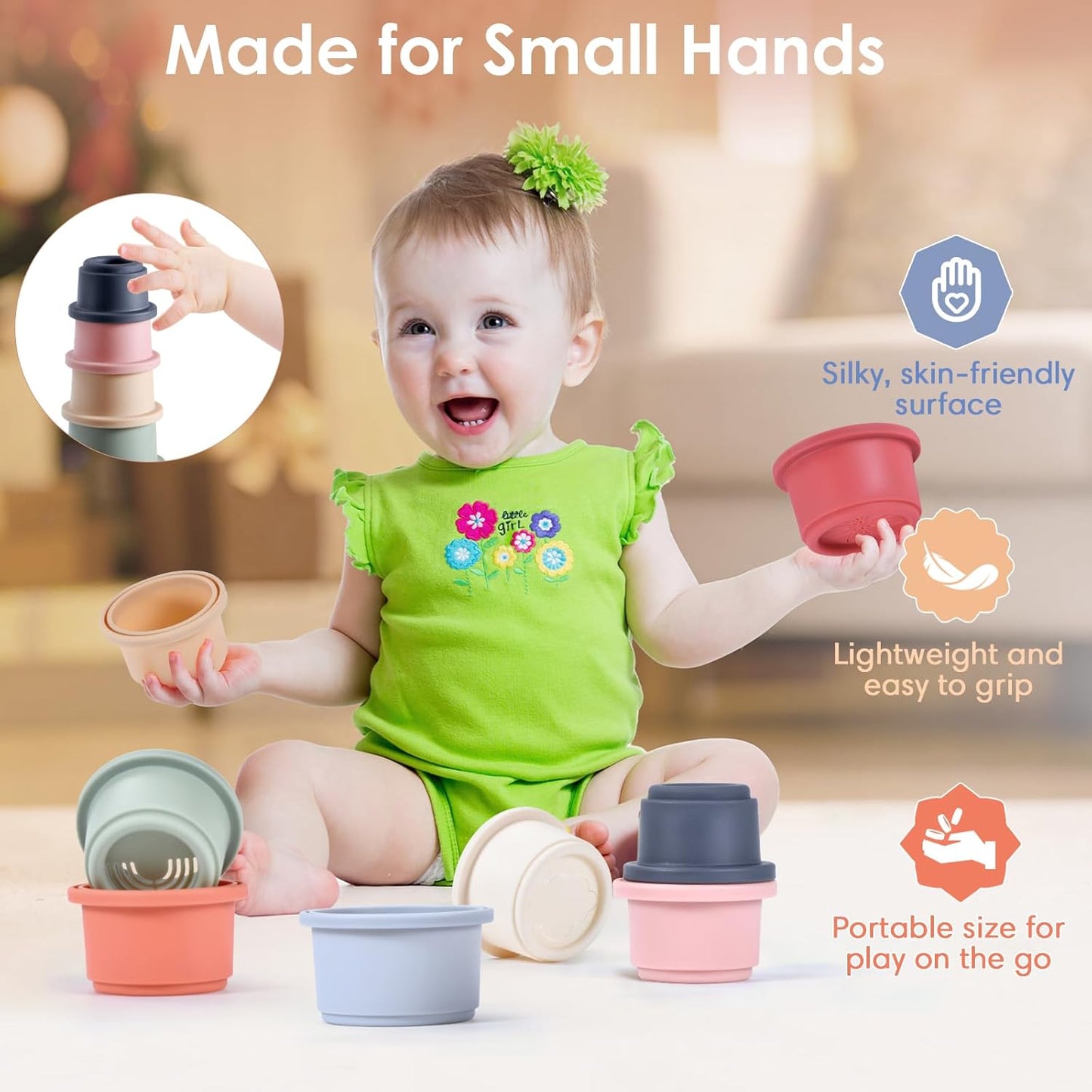 ZYFLSQ Stacking Cups Baby Toy, Nesting Cups 8 Pcs with Pattern for Kid Baby 6 Months and Up Montessori Bath Toys