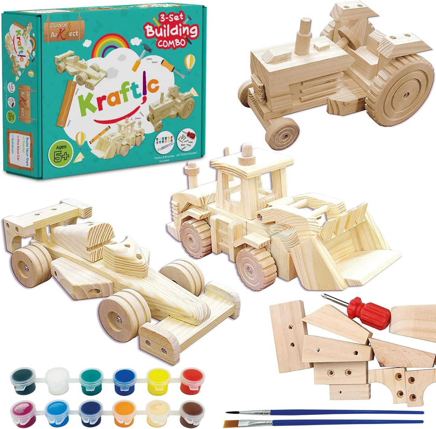 Kraftic Woodworking Building Kit for Kids and Adults, with 3 Educational DIY Carpentry Construction Wood Model Kit Toy Projects for Boys and Girls - Tow Truck, Birdhouse and Dump Truck