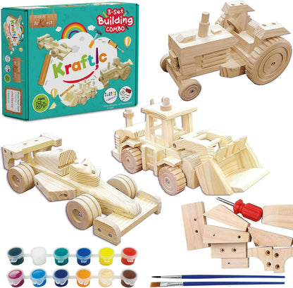 Kraftic Woodworking Building Kit for Kids and Adults, with 3 Educational DIY Carpentry Construction Wood Model Kit Toy Projects for Boys and Girls - Tow Truck, Birdhouse and Dump Truck