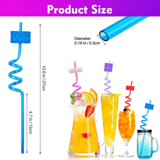 24 Pcs Building Blocks Theme Drinking Straws - 8 Colors Reusable Straws for Adults Brick Themed Gatherings Accessories With 2 Cleaning Brushes