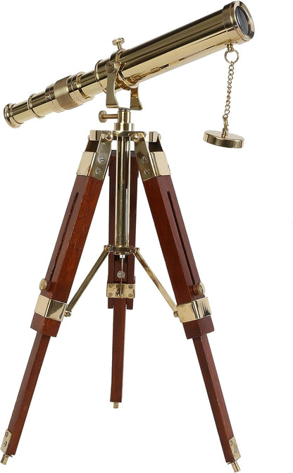 Vintage Brass Telescope on Tripod Stand use Lens Antique Desktop Brass Telescope Royal Antique Golden Finish Spyglass Nautical Beautiful On Wooden Tripod Stand