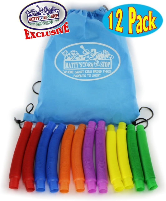 Matty's Toy Stop Pull 'N Pop Multi-Color Tubes (Toobs) with Storage Bag - 12 Pack