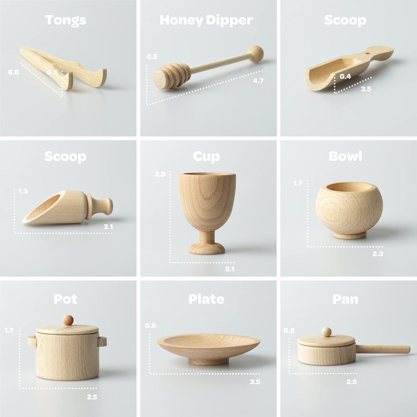 Blue Ginkgo Sensory Bin Tools – Montessori Fine Motor Skills Learning Set for Toddlers and Kids Pretend Play [9 PC] Kitchen Wooden Set with Scoops, Bamboo Tongs