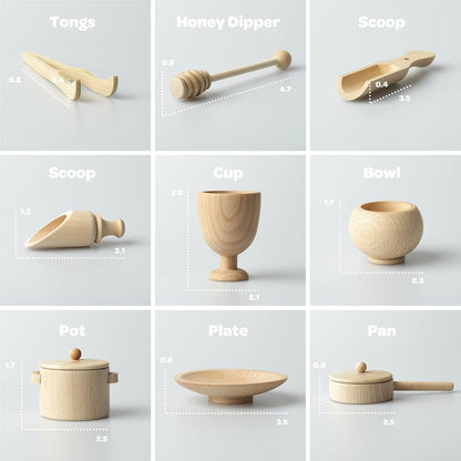 Blue Ginkgo Sensory Bin Tools – Montessori Fine Motor Skills Learning Set for Toddlers and Kids Pretend Play [9 PC] Kitchen Wooden Set with Scoops, Bamboo Tongs