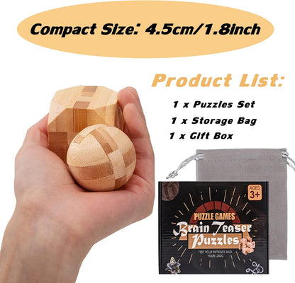 VolksRose 9pcs Wooden Brain Teaser Puzzles, IQ Challenge Puzzle Games, Logic Smart Mind Puzzle Box Lock Toy Removing Assembling 3D Small Puzzle Gift Set for Adults Teenagers Kids, 1.8inch 4.5cm