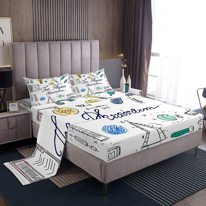 Erosebridal Science Theme Bed Sheets Set Full Size for Boys Girls Chemistry Periodic Table Print Sheet Set Chemical Subject Theme Sheets Teens Kids Math Science Atyle Fitted Sheet 4 Pcs