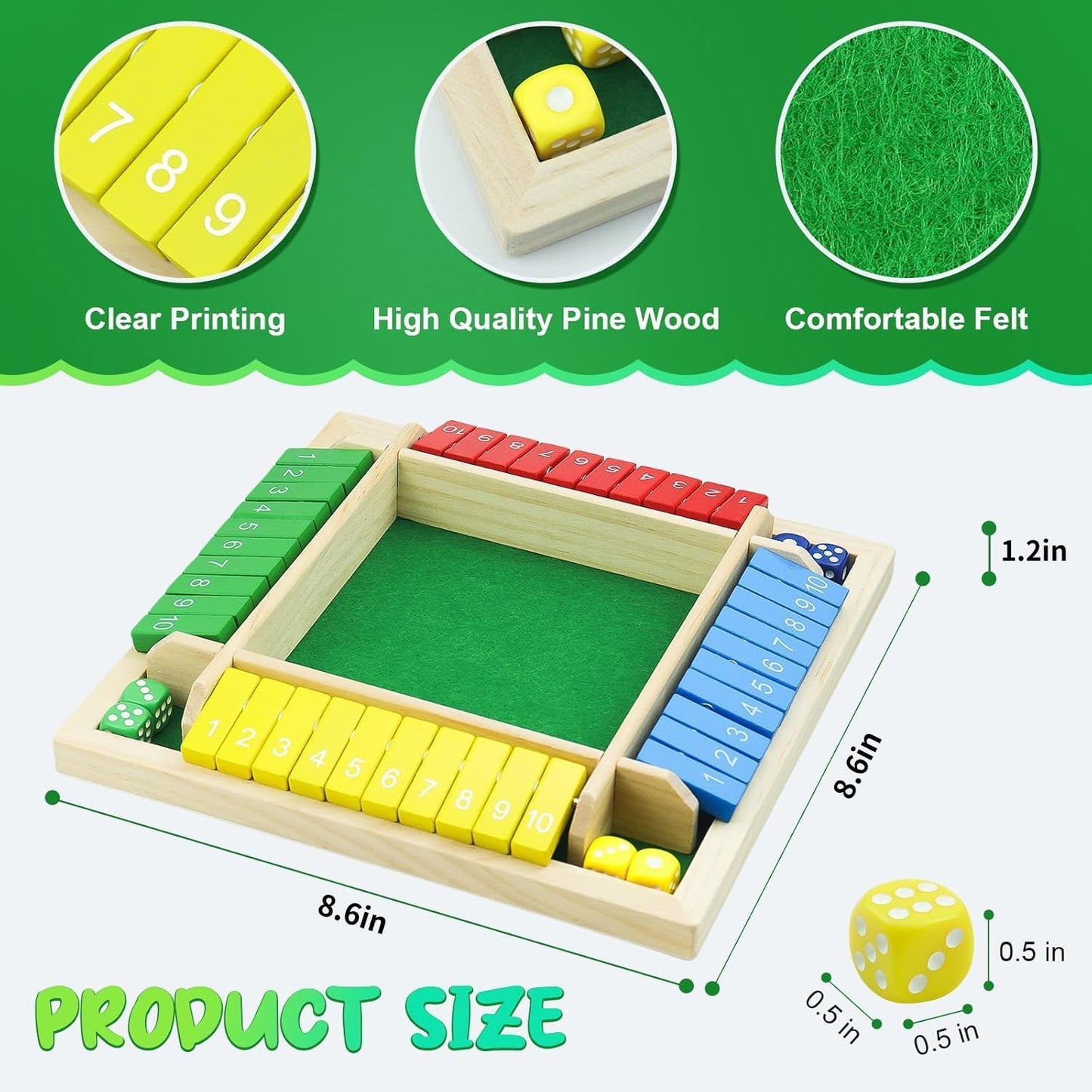 rytopt Shut The Box Game, Stocking Stuffers, 2-4 Player Family Wooden Board Table Math Games, Board Games, Valentines, 8 Dices Tabletop Game, Christmas Party Favors (8.6 Inches)