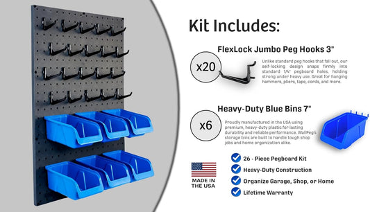 WallPeg Nerf Organizer Accessories – Pegboard Bins and Jumbo Peg Hooks Set – 6 Large Cobalt Blue Storage Bins & 20 Jumbo Peg Hooks – Nerf Storage System for Blasters, & Darts – Made in USA