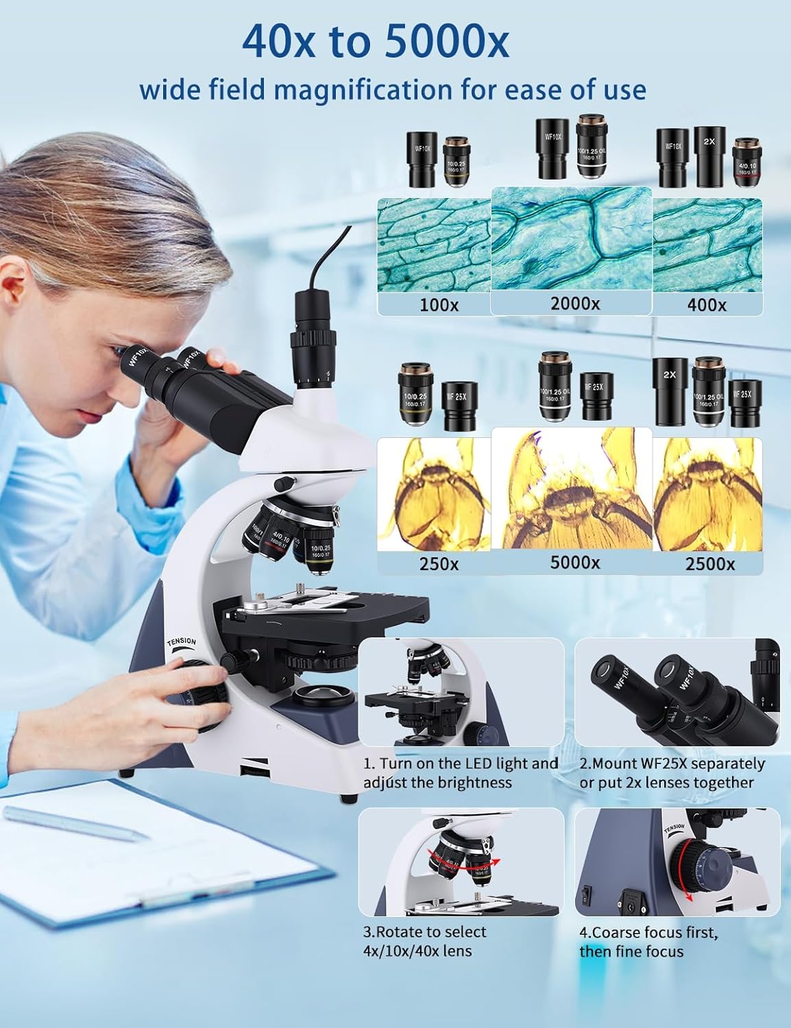 Microscopes for Adults WF10x and WF25x eyepieces Compound Microscope with Microscope Slides, Microscopes Kit for Kids Students Home School (Monocular Microscope with Big Bundle)