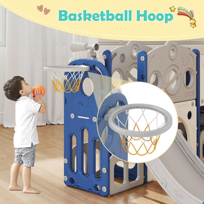 kinbor 6 in 1 Toddler Slide PlaySet - Indoor Outdoor Fun for Kids Ages 1-3, Includes Basketball Hoop, Telescope, Storage & Climber, Safe, Sturdy Baby Slide for Backyard Playground, Blue