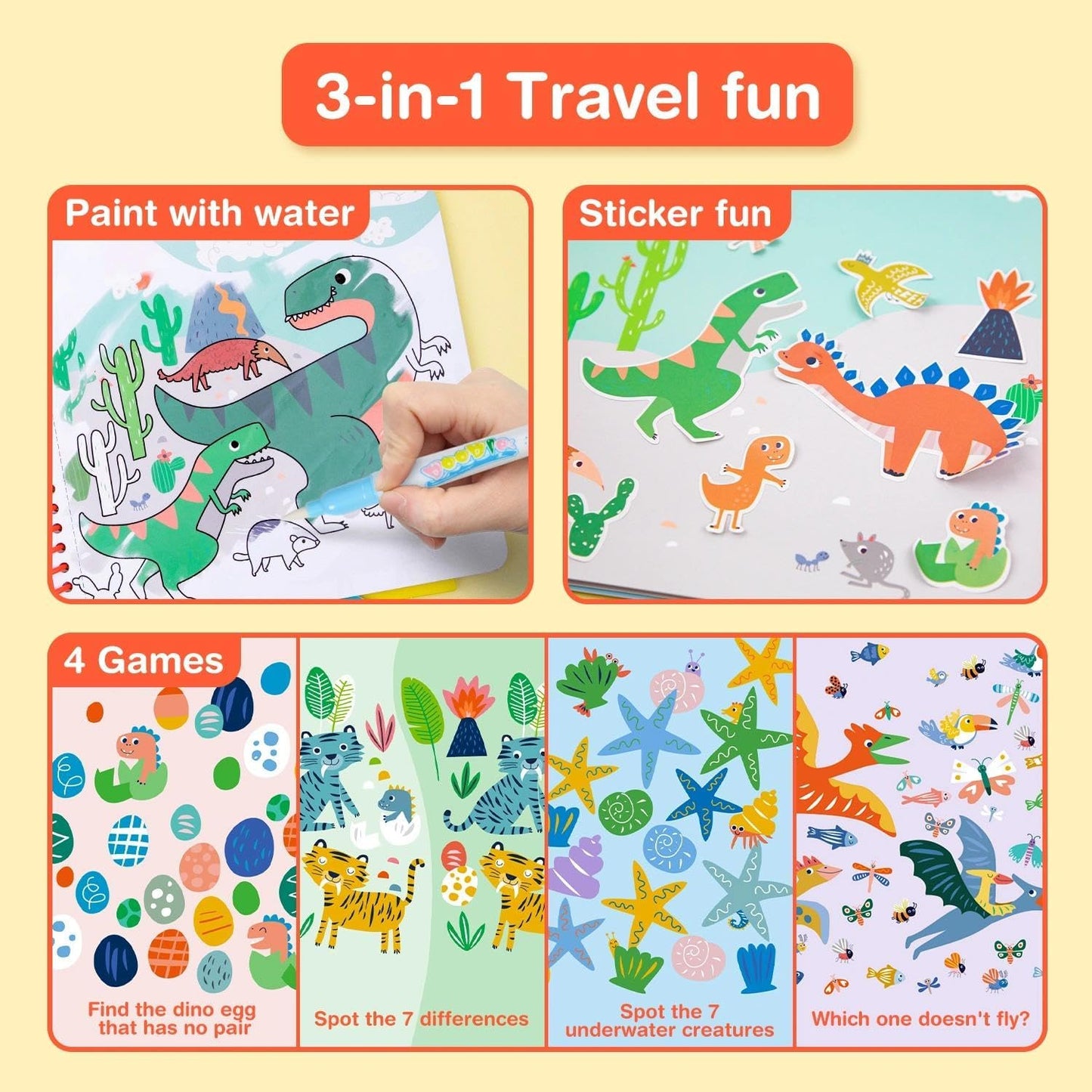 Avenir Reusable Water Coloring Book for Toddlers 3-5 – Mess-Free Paint-with-Water Travel Toy Airplane Activities Road Trip Quiet Book, Water-Reveal Activity Pad, 3-in-1 Creative Set