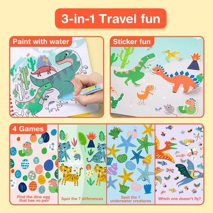 Avenir Reusable Water Coloring Book for Toddlers 3-5 – Mess-Free Paint-with-Water Travel Toy Airplane Activities Road Trip Quiet Book, Water-Reveal Activity Pad, 3-in-1 Creative Set