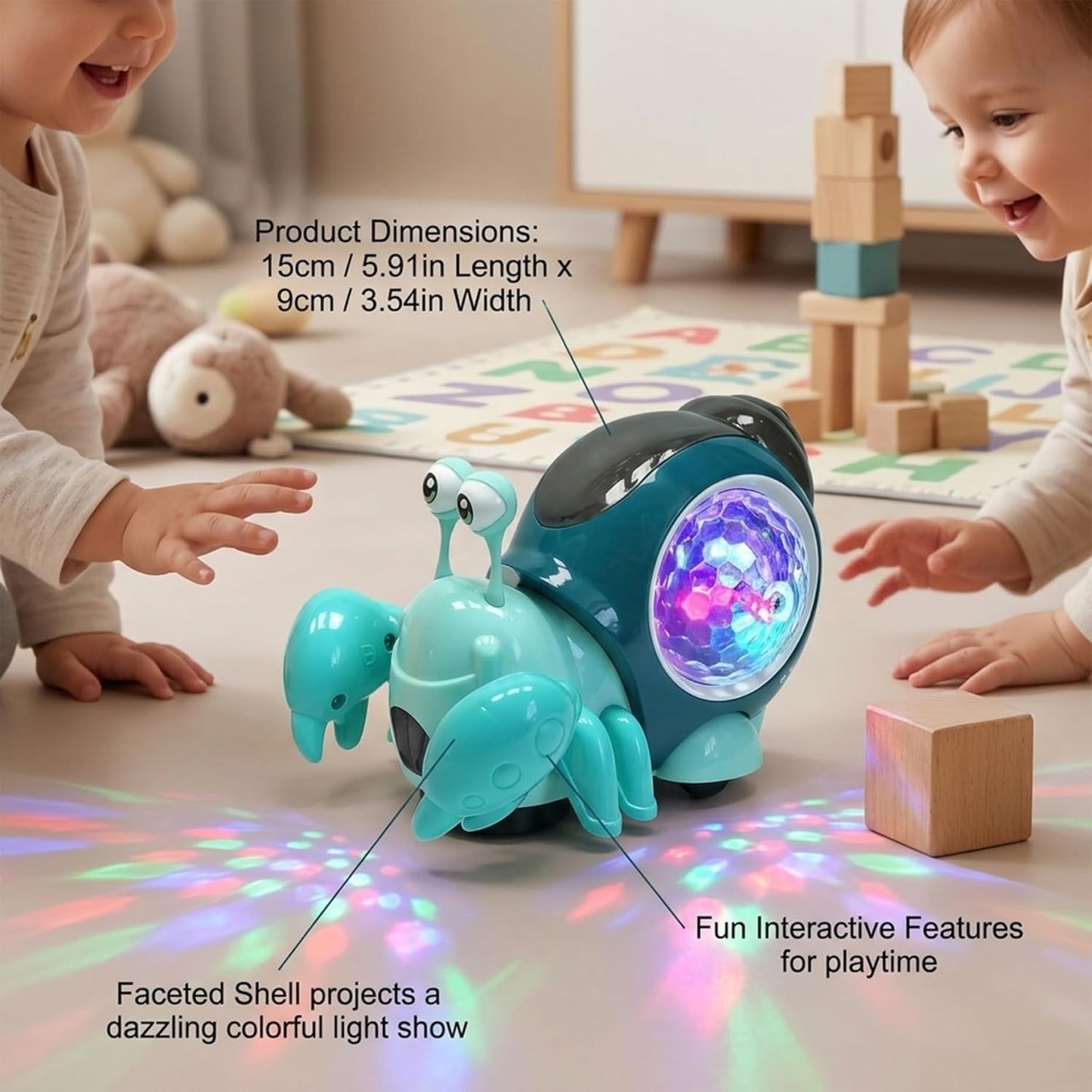 Transponder Snail Toy, Electric Interactive Crawling Crab Baby Toy with Lights & Music, Automatic Obstacle Avoidance, Encourages Movement and Fine Motor Skills for Toddlers Infants, Black