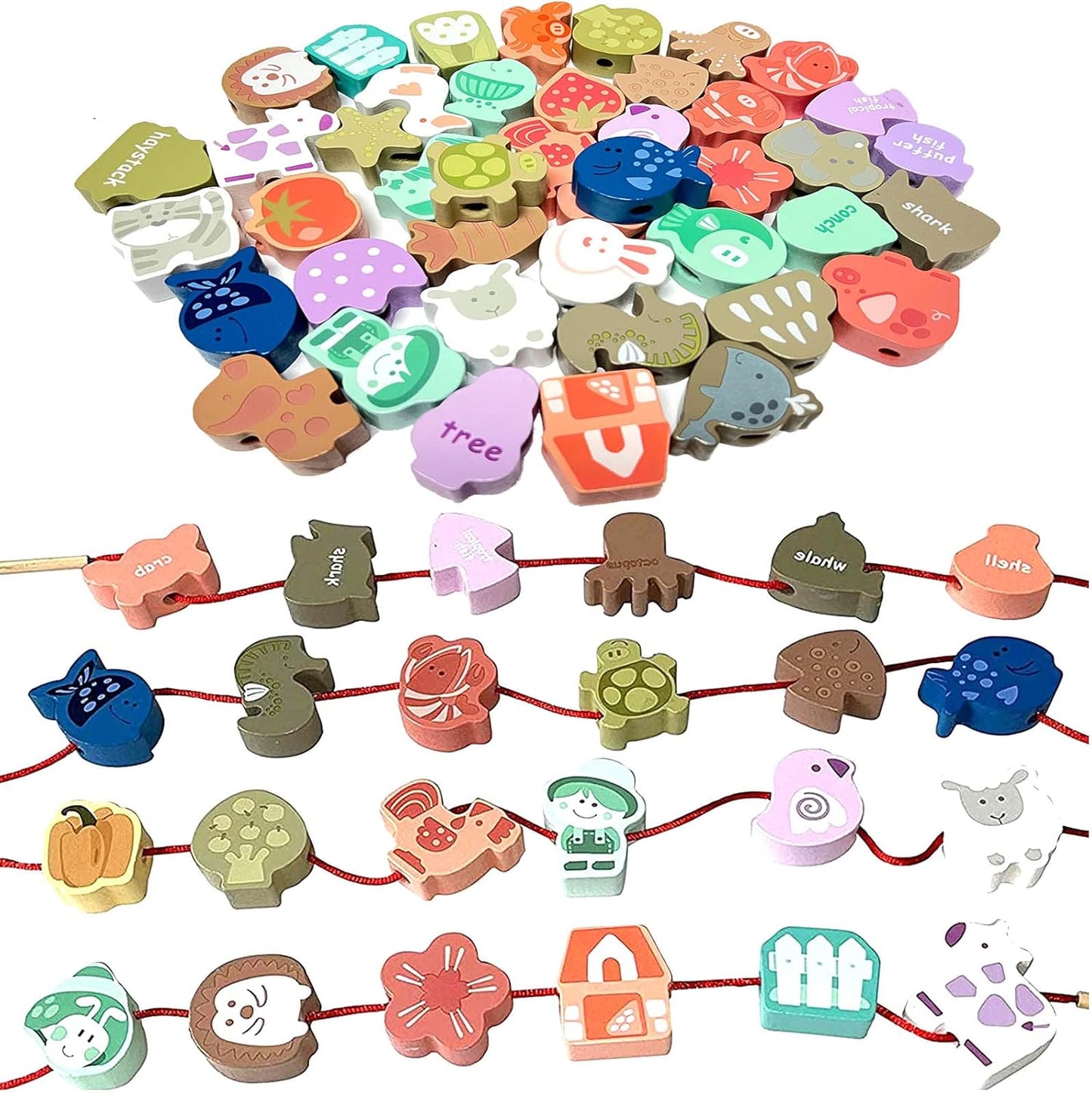 46 PCS Montessori Wooden Lacing Beads Toys for Toddlers,Educational Stringing Animals Fruits Farm Threading Beads Preschool Learning Toys for Kids 3 4 5 6 Year Old Boys Girls…