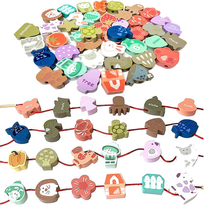 46 PCS Montessori Wooden Lacing Beads Toys for Toddlers,Educational Stringing Animals Fruits Farm Threading Beads Preschool Learning Toys for Kids 3 4 5 6 Year Old Boys Girls…