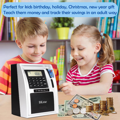 BKstar Kids Talking ATM Piggy Bank for Real Money with Dual Debit Cards, Power-Off Memory, Auto-Opening Drawer, Onekey Shutdown, Bill Feeder, Coin Recognition, Balance Calculator Machine