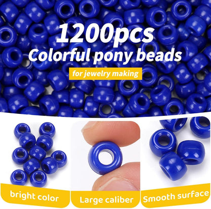 1200pcs Pony Beads Bulk – 11 Colors 6x9mm Plastic Craft Beads for Bracelets, Jewelry, Hair Braiding & DIY Projects