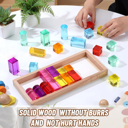 16 Pcs Acrylic Wooden Gem Blocks Sparkling Translucent Cubes Stacking Toys Wooden Cubes Blocks with Colorful Acrylic Open Ended Play Montessori Educational Toys (Round)