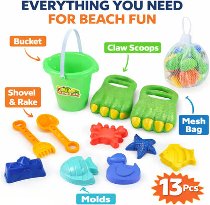 Liberty Imports 13 PCS Beach Sand Toys, Dinosaur Claw Hand Scoop Play Set with Bucket, Shovel Tools, Animal and Castle Sand Molds - Beach Sandbox Toys for Toddlers & Kids