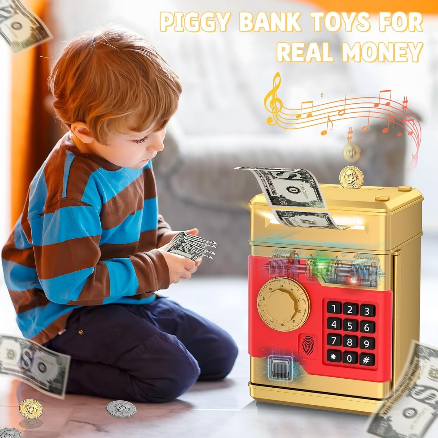 Piggy Bank, Automatic Electronic Piggy Bank for Kids Boys Girls with Password and Fingerprint Unlocking Simulation, Money Bank Kids Safe Toys for 3 4 5 6 7 8 9 10 Year Old Boy Girl (Black)