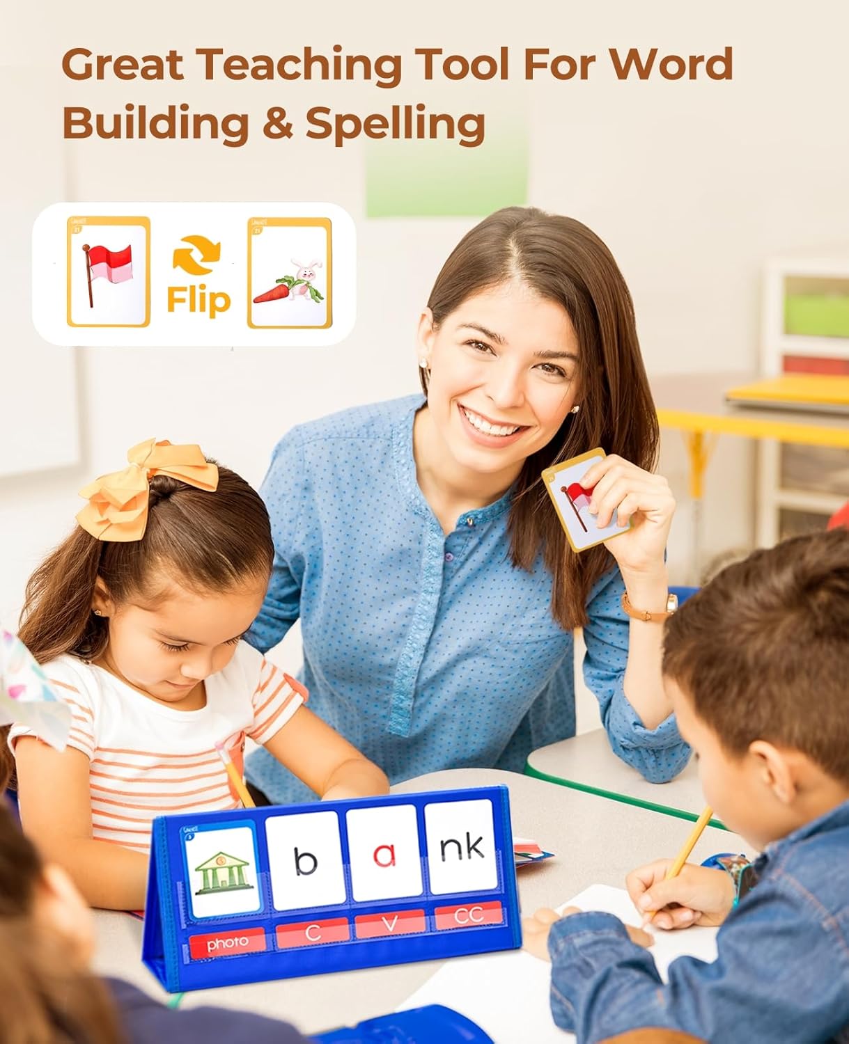 Gamenote Word Building Desktop Pocket Chart Tent Flash Cards Kit - CVC Words Phonics Games Blending Board for Kindergarten Reading and Spelling