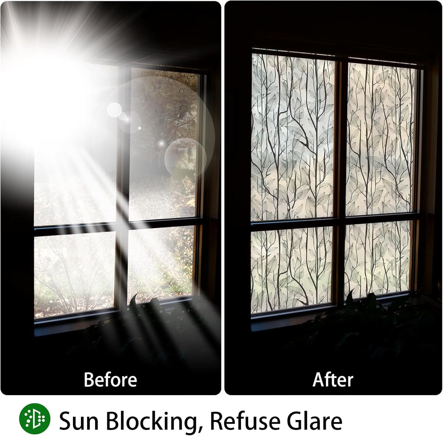 Leaf Pattern Window Tint with Installation Tools, Blackout Window Cover, Sun Blocking Window Tint for Home (Full Blackout Opaque, 17.7'' x 78.7'')