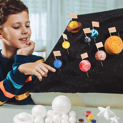 Pllieay Solar System Model Foam Ball Kit Includes 14PCS Mixed Sized Polystyrene Spheres Balls, 12PCS Bamboo Sticks, 12 Color Pigments, 2PCS Painting Brushes for School Science Projects