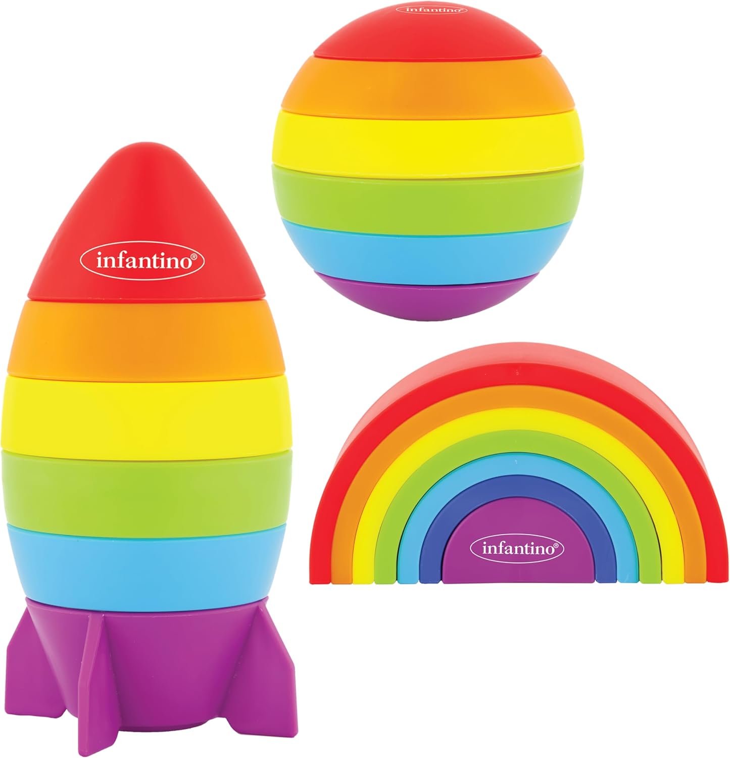 Infantino Imagination Stackers Playset, Rainbow Stacker, Rocket Stacker, Ball Stacker for Babies 12M+, 3-Style Set, 19 Pieces