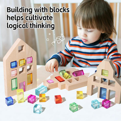 30 Pcs Mixed Acrylic Blocks Set - 10 Long (2.5x2.5x5CM) + 20 Cube (2.5x2.5x2.5CM) Rainbow Gem Blocks, Sensory Stacking Toy for 1 2 3 4 Years Old, Boys Girls Gift with Rich Building Possibilities