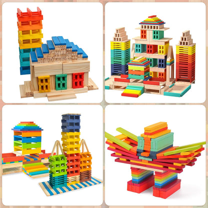 Hayder Classic Wooden Building Blocks Set, 100PCS Solid Wood Blocks in 9 Colors Stacking Educational Toy Set for Kids